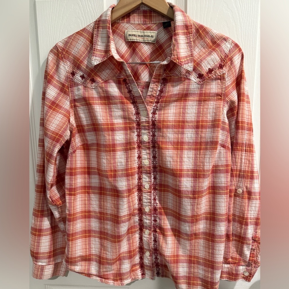 Bit & Bridle Red and White Plaid Shirt Embroidered Detail Western Cowgirl Rodeo